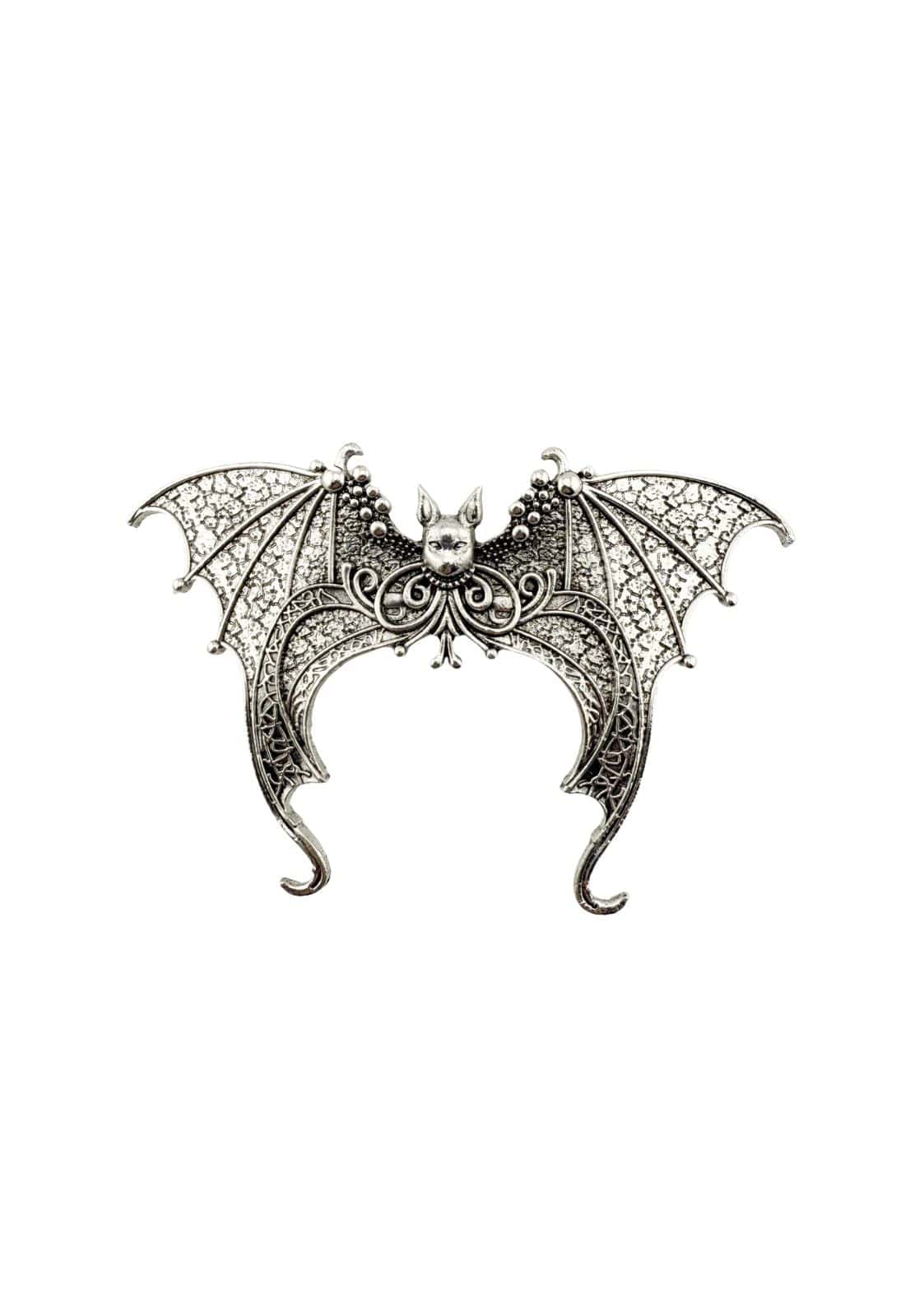 Silberner haarklammer mit bat wings und filigranen spitzenähnlichen details mit kleinem charm für gothic look